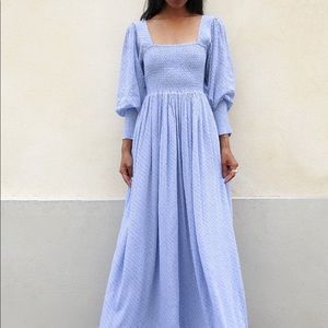Ganni Flower Georgette Smocked Maxi Dress in Forever Blue